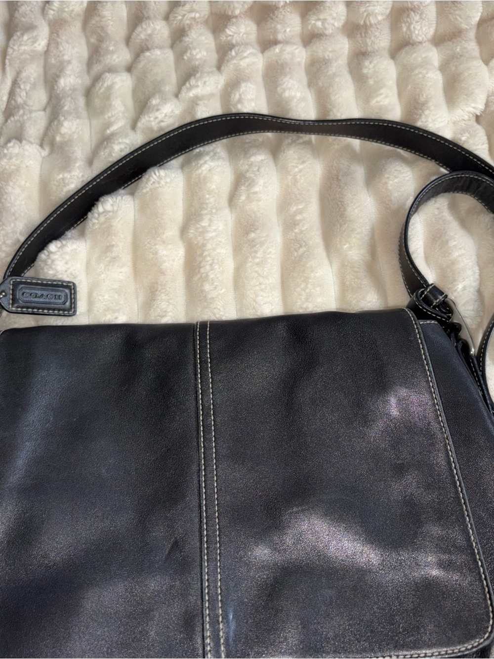 Coach Black Leather Messenger Bag with Contrast Stitching